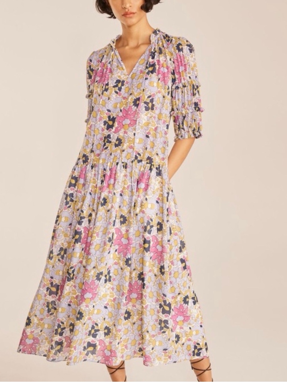 Rebecca Taylor Cream Midi Dress with Pink and Yellow Floral Print